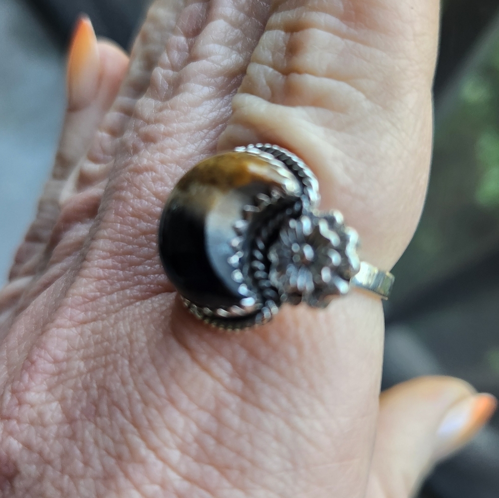 Handmade Sterling Silver 925 Palm Root Agate Crescent Moon Flower Ring Size 8 - Picture 3 of 10